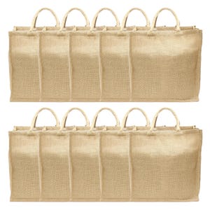10 Pk - Large Burlap Shopping Bag - 16&quot; x 17&quot; x 8&quot; - Premium Jute Burlap - Soft Webbed Cotton Handles - Strong Tote Book Bag Sack