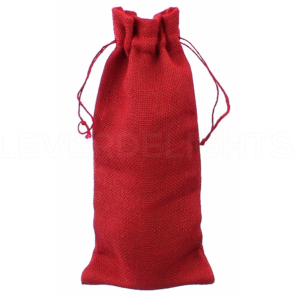 10 Pk - Red Burlap Wine Bags - 14" x 5" - Natural Jute Burlap Sacks - Christmas Holiday Rustic Décor - Wine Tastings Candle Gift Sack