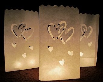 30 Luminary Bags - White - Interlocking Hearts Design - Wedding, Reception, and Party Décor - Paper Candle Bag - Luminaria Candle Lantern