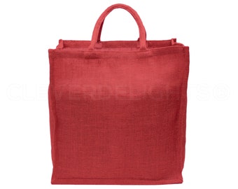 50 Pk - Red Burlap Shopping Bag - 16" x 17" x 8" - Premium Jute Burlap - Christmas Holiday Gift Tote Sack - Soft Webbed Cotton Handles