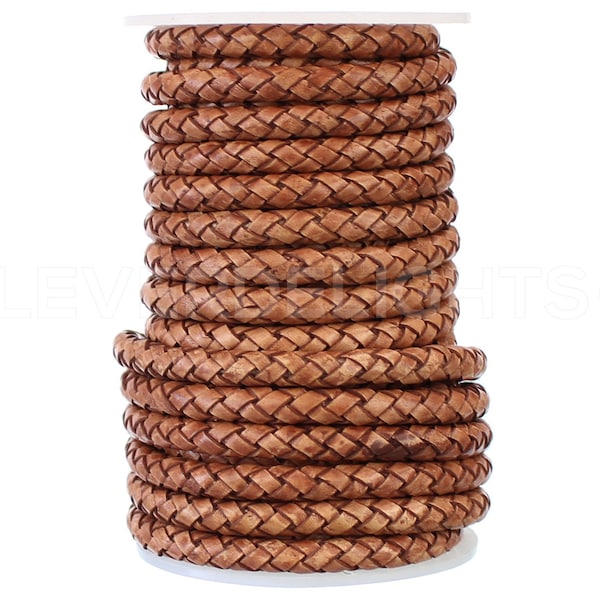 25 Feet - 1/4" Brown Braided Leather Bolo Cord - Premium Leather - 6mm Bolo Braided Round Cord