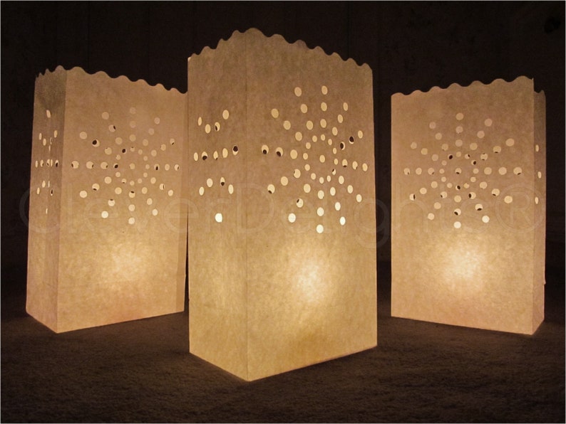 Sunburst Design Party Wedding Flame Resistant Paper 20 Luminary Bags White and Event Decor Twenty Bags Luminaria Reception