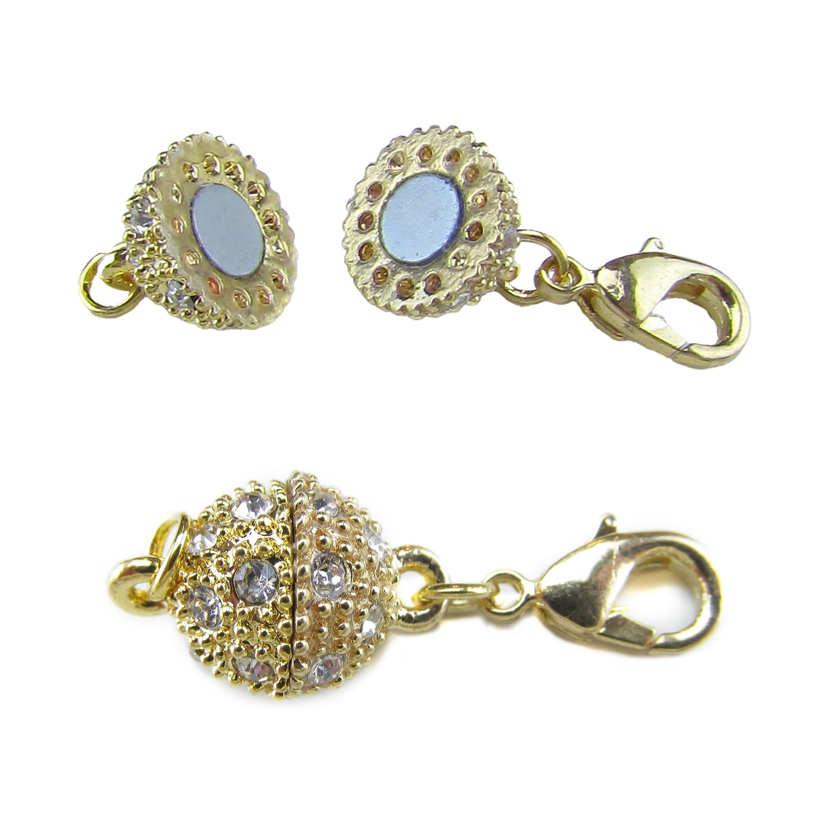 50 Sets - Magnetic Clasp Converters - Gold Color - Rhinestone Ball Style - Lobster Clasp Included