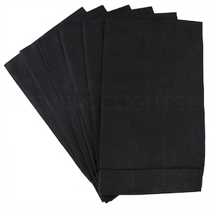 6 Pk - Black Linen Hemstitch Fingertip Towels - 14&quot; x 22&quot; - 100% Pure Linen - Ladder Hemstitched Cloth Tea Towels - Embroidery Monogram