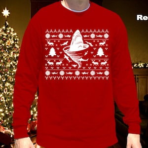 Shark Tornado Inspired "Ugly Christmas Sweater Shark Tornado" Unisex Longsleeved Shirt for Christmas, Holidays, Party, Barcrawl, Office Part