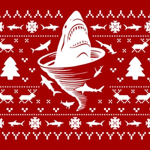 Shark Tornado Inspired "Ugly Christmas Sweater Shark Tornado" Unisex Longsleeved Shirt for Christmas, Holidays, Party, Barcrawl, Office Part