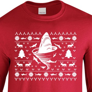 Shark Tornado Inspired "Ugly Christmas Sweater Shark Tornado" Unisex Longsleeved Shirt for Christmas, Holidays, Party, Barcrawl, Office Part