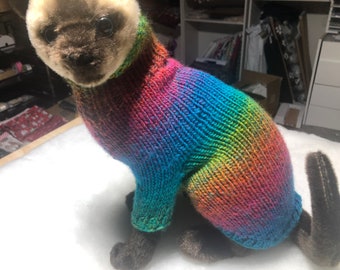 May include: A Siamese cat wearing a rainbow-colored knitted sweater. The sweater transitions through shades of blue, green, yellow, orange, and red. The cat's fur is light brown, and its eyes are dark. The sweater covers the cat's body, with sleeves for the front legs.