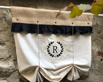 Black Ruffle Monogramed Farmhouse Valance Natural Burlap  Tie Up Curtains French Country Cottage Primitive Rustic Jute Initial Curtain