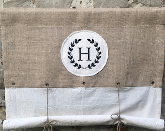 Monogramed Curtain Natural Burlap Custom Size Farmhouse Valance Country Cottage Primitive Rustic Coffee Sack Printed Initial Curtains