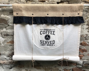 Cortinas de cocina con cenefa de arpillera, estilo rústico bohemio, estilo rústico, estilo rústico, de yute, enrollables, color negro