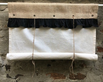 Tenda a rullo in iuta, stile rustico, stile country chic, tenda da caffè in iuta naturale, dimensioni personalizzate, con volant nero