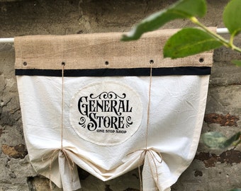 Cortina de arpillera de tamaño personalizado, estilo rústico, estilo rústico, bohemio, vintage, inspirada en letreros, con cenefas para ventanas.