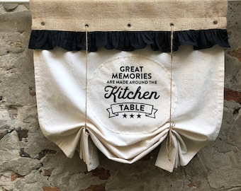 Cenefa de cocina moderna con volantes negros, estilo rústico, de arpillera natural, enrollable, estilo francés, estilo rústico, de yute, personalizada.