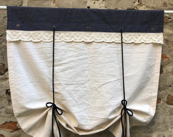 Cortina enrollable de encaje estilo bohemio, estilo rústico, estilo rústico, estilo rústico, color negro, con cenefa natural y blanca, tamaño personalizado