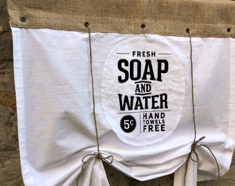 Cortina de janela de banheiro de tamanho personalizado, cortina rústica de serapilheira com amarração, painel estilo fazenda, estilo country chique, estilo boho primitivo, persiana enrolável