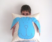 Bright turquoise teal applique dog red gingham decorative accent pillow throw cover case Spring summer kids boys room baby nursery fun decor