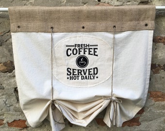 Cenefa de yute con estampado de café, cortina rústica de arpillera, cenefa de granja, cortina de cocina bohemia, estilo rústico, estilo cabaña, cortina enrollable beige/blanca