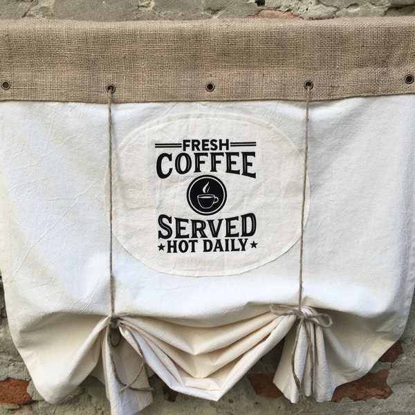 Coffee Print Jute Valance Rustic Burlap Curtains Farmhouse Valance Bohemian Kitchen Curtain Country Chic Cottage Primitive Sack Curtains