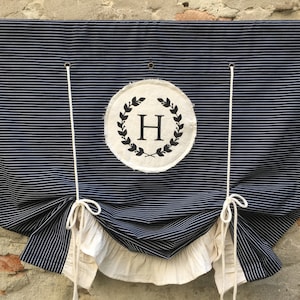 Monogrammed Black Ticking Curtain Modern Farmhouse Boho Curtains Valance Kitchen Tie Up Curtain Country Black Stripe Cafe Curtain Panel