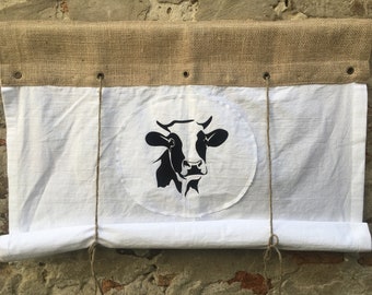 Tende in iuta naturale, tende da cucina in stile rustico, tende da fattoria, tende da cottage country chic, tende in iuta con stampa di mucca, tende rustiche, dimensioni personalizzate