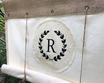 Monogramed Farmhouse Tie Up Valance Burlap Cotton Curtains French Country Cottage Rustic Living Room Grommets Custom Size Curtain