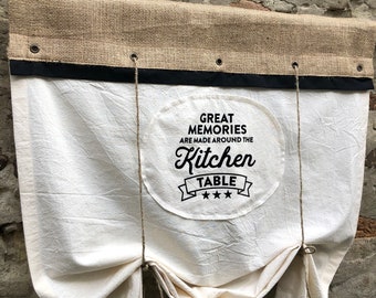 Tende da cucina in stile fattoria, con mantovana in iuta, stile boho, per finestra, stile country chic, stile cottage, primitivo, rustico, in iuta stampata.