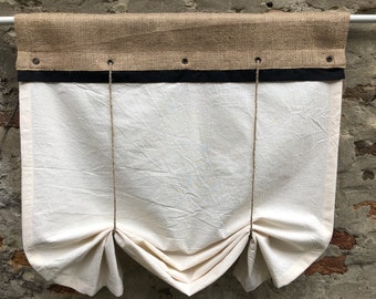 Cortinas de arpillera con cenefa de rayas negras, estilo rústico, estilo rústico, estilo rústico, estilo cafetería, enrollable