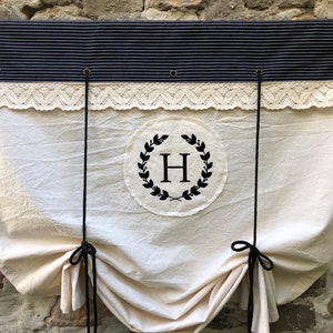 Monogrammed Black Ticking White/Natural Cotton Curtains Modern Farmhouse Lace Valance Tie Up Curtain Country Chic Cottage Tier Cafe Curtain