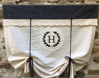 Cortinas de algodón blanco/natural con monograma en negro y tictac, estilo moderno de granja, con cenefa de encaje, estilo rústico chic, estilo cafetería.