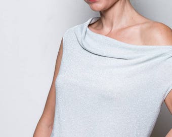 Extravagant Blouse Silver, Asymmetrical Tunic, Top, Oversized Blouse, Festive Top, Minimalist Top in Silver, White, Jersey Blouse, Tops