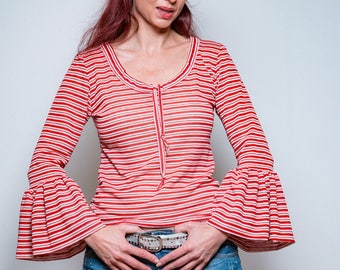 Striped Summer Top, Summer Blouse, Boho top, Modern Blouse, Blouses top, Round Neck Shirt, Yoga Shirt, Summer Top, Summer Shirt Red, Yogatop