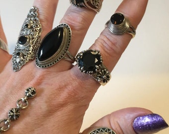 Sterling silver & pitch black onyx gothic fleur de lis vampire engagement ring Ring Size Z or Z + 2 Whitby gothic