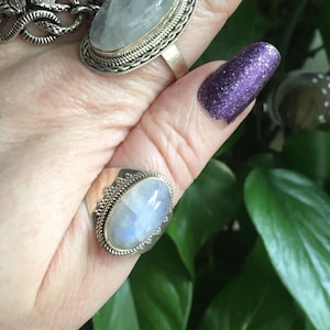 Large statement any gender moonstone and 925 Sterling silver oval stone Ring Size Z + 1 soothes emotional instability and stress
