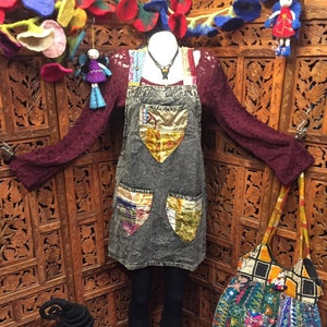 Black charcoal dungaree mini short dress with stunning silk patchwork accents playsuit boho hippy tribal gothic bib & brace pinafore 3 sizes