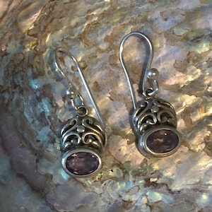 Petite filigree flower droplet earrings with Amethyst stones set into 925 sterling silver to form a pair of bohemian ethnic design Earrings