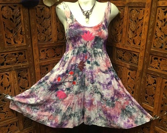 Lotus flower tie dye layered appliqué design mini length sun dress purity enlightenment goddess boho hippy yoga meditation Purple or Blue