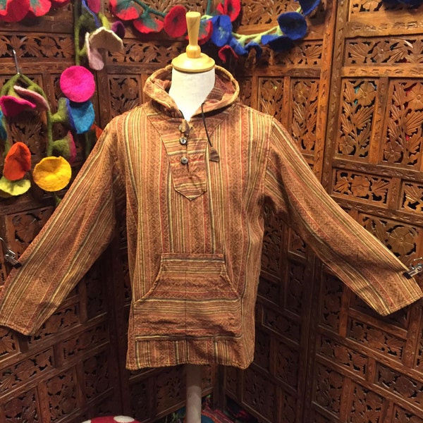 Saffron Orange  Winter weight Unisex heavy weave Baja hooded top pocket front hippy bohemian festival  Sizes S/M - M/L - XL