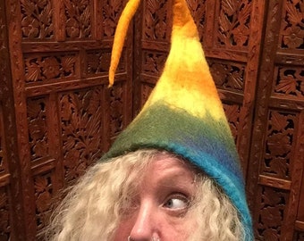 Cheeky Elf Pixie bonnet rainbow tie dye felt hat, Handmade/Fairtrade unisex amazing hat party birthday funky fun fabulous Rainbow Fae