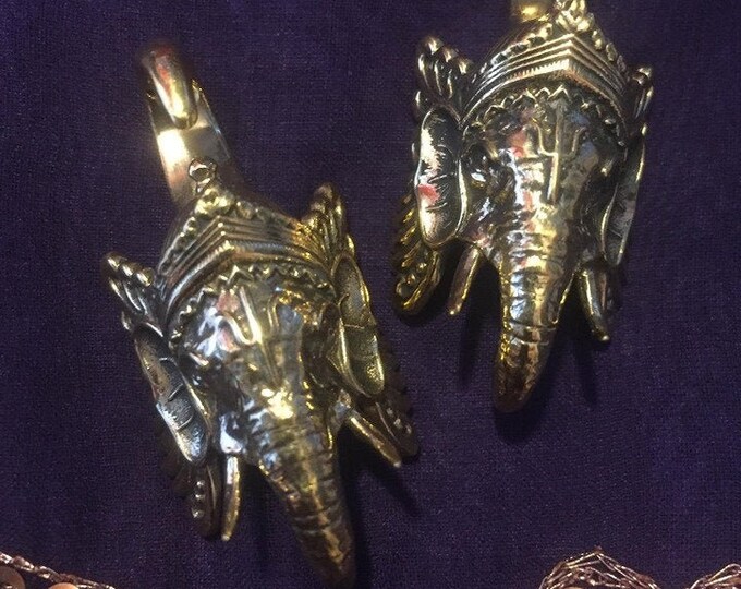 Pair of Stunning Detailed Brass Elephant Head Ear Weights Hooks Ganesha