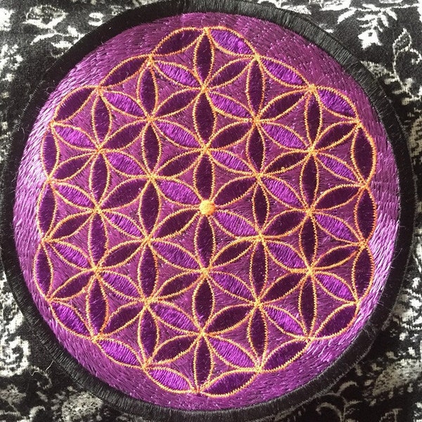 Purple embroidered fabric Sew on Patch - Sacred Geometry flower of life 14.5cm hippy bohemian customised clothing textiles