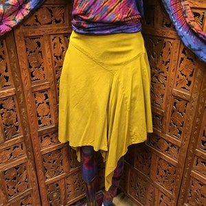Sunshine Yellow fitted cotton pixie points hanky hem skirt goth hippy free size tribal belly dance goddess sizes small to X Large autumn