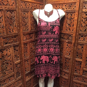 Elephant print light cotton mini length sun dress wisdom self belief and luck the elephant is a symbol of joy goddess bohemian hippy yoga