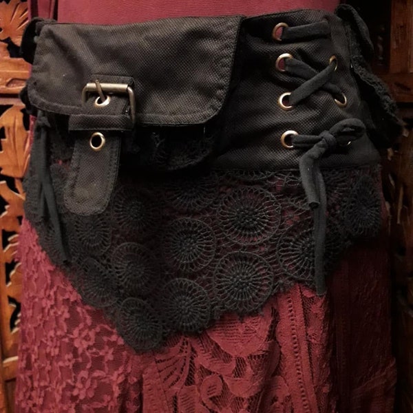 Dark Fairy Jet Black lace trimmed fully adjustable boho hippy tribal corset style lace up waist pocket belt fit 30-42 inch gothic punk gypsy