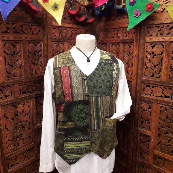 Woven patchwork unisex waistcoat funky festive green folk hippy ethical menswear jacket gypsy showman unique gift engagement hand fasting