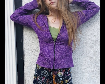 Potion Purple Celestial print tie dye unisex hoody zip top jacket with pixie hood sun moon stars sizes s/m-m/l- xl hippy rave new age boho