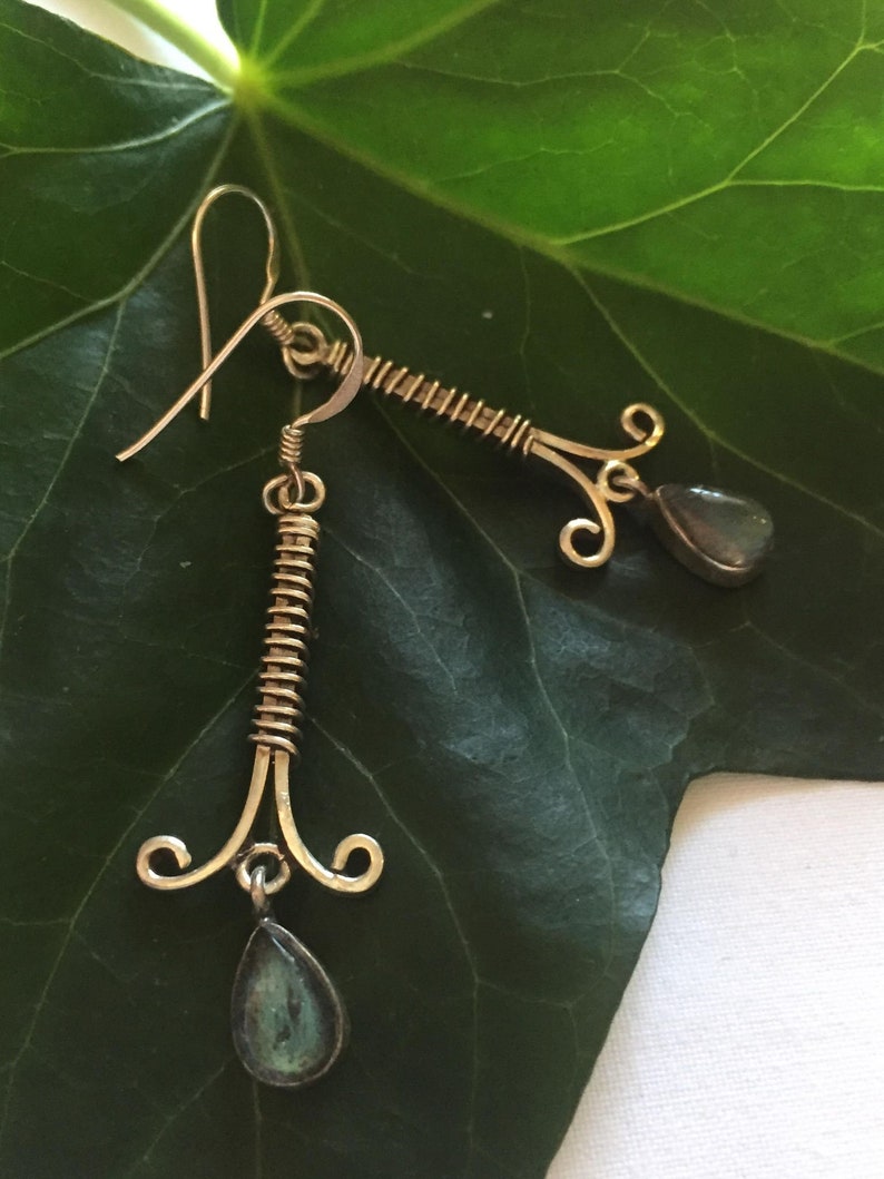 925 Sterling Silver wire wrapped dropper earrings set with magical labradorite stones for spiritual connection and meditation growth boho
