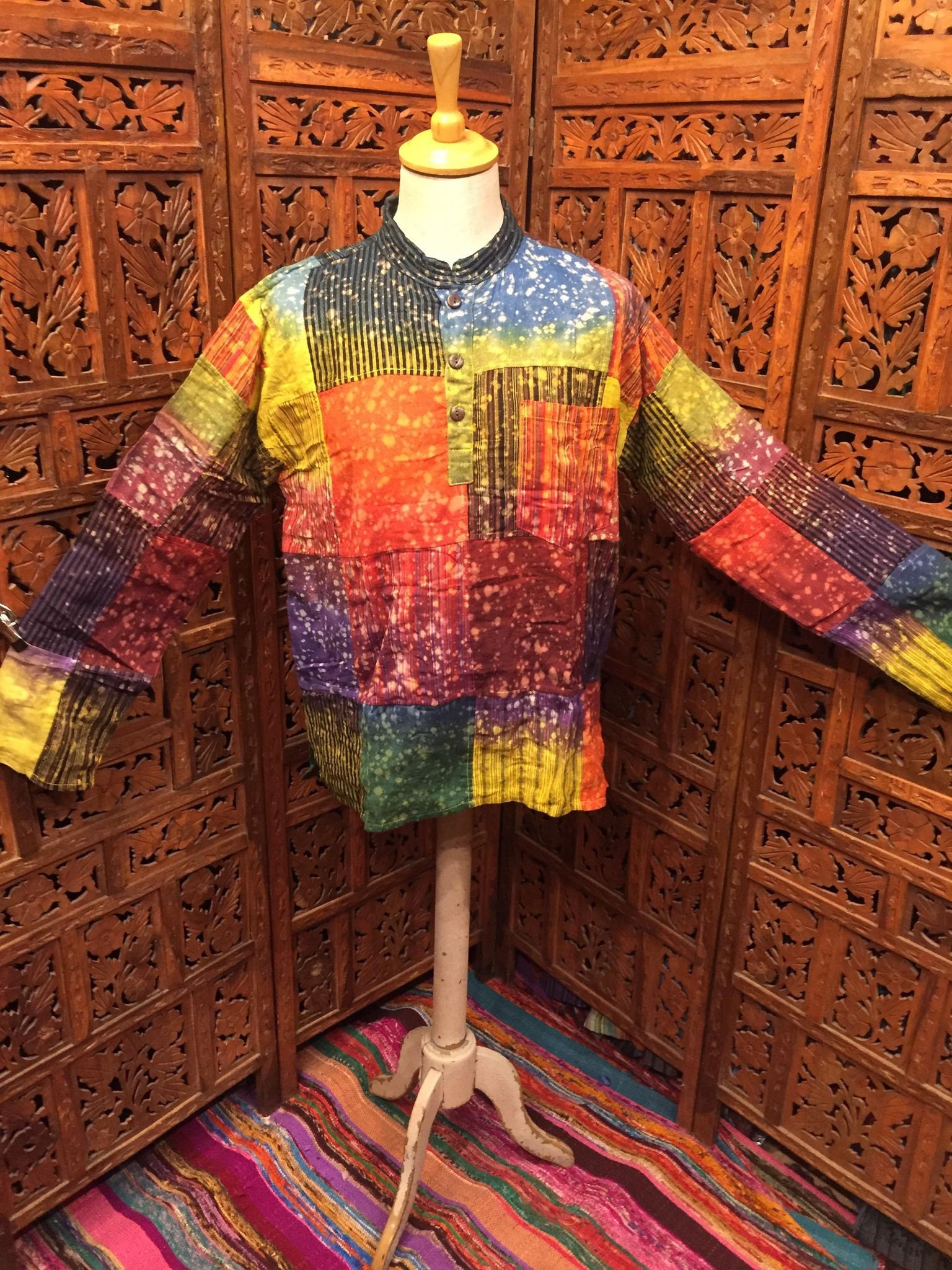 Image of Amazing New Rainbow Splatter Tie Dye Patchwork Collarless 3 Button Shirt 100% Cotton Great Gift Winter Brights Hippy Bohemian S/M M/L Xl