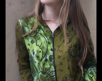 Goddess Green Celestial print tie dye unisex hoody zip top jacket with pixie hood sun moon stars sizes s/m-m/l- xl hippy rave new age boho