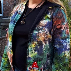 Magic Fungi Toadstool Mushroom Bomber Fleece Jacket Coat Unisex Hooded Tie Dye Sew On Patch Hippy Festival Forager Ethical Gift Alternative